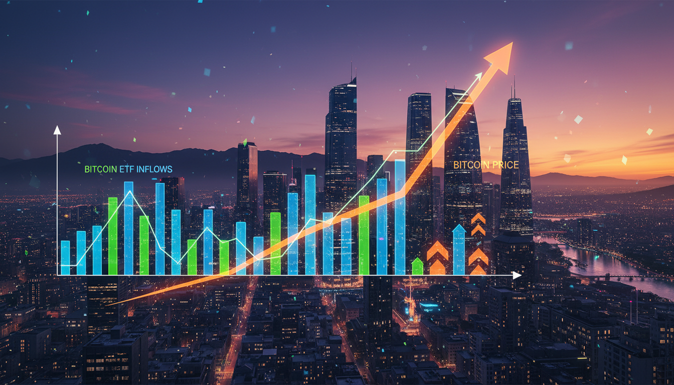 กราฟแสดงเงินทุนไหลเข้า Bitcoin ETF และราคา Bitcoin พุ่งสูงขึ้น
