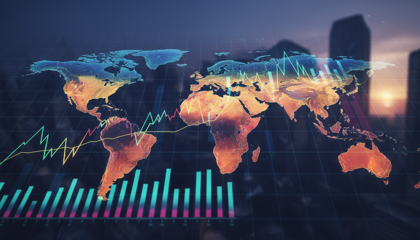 แผนที่โลกแสดงตลาดเกิดใหม่พร้อมกราฟการเงิน