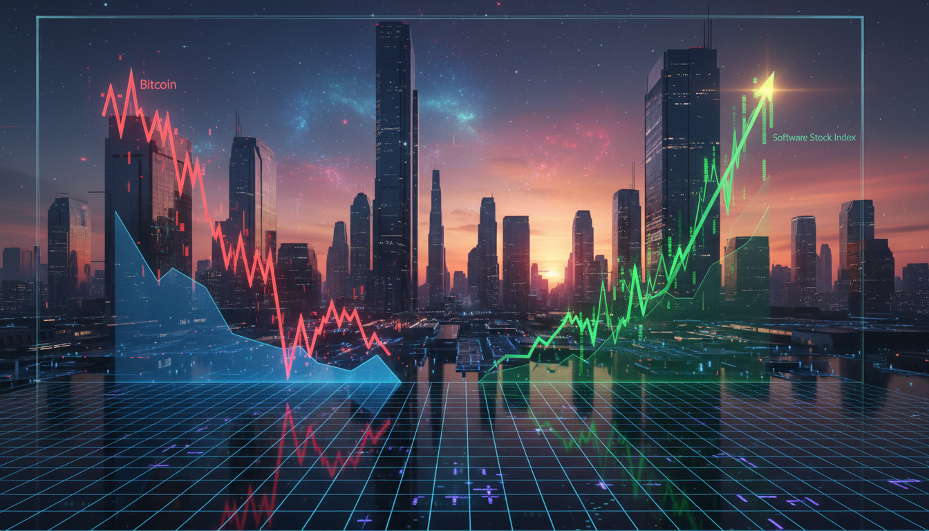 กราฟแสดงราคา Bitcoin ร่วงลง สวนทางกับดัชนีหุ้นซอฟต์แวร์ที่พุ่งสูงขึ้น