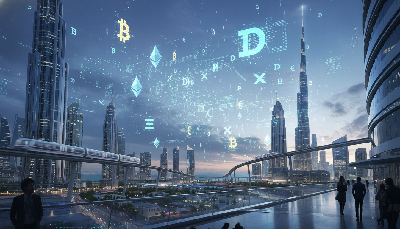 ภาพเมืองดูไบพร้อมสัญลักษณ์คริปโต แสดงถึงกฎระเบียบและนวัตกรรม