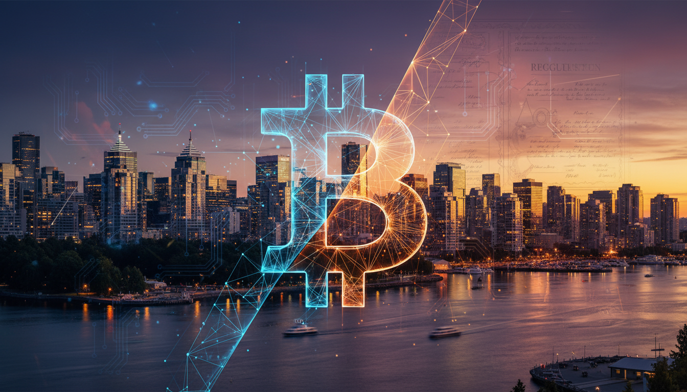 ภาพเมืองแวนคูเวอร์พร้อมสัญลักษณ์ Bitcoin แสดงถึงความขัดแย้งระหว่างนวัตกรรมและกฎระเบียบ