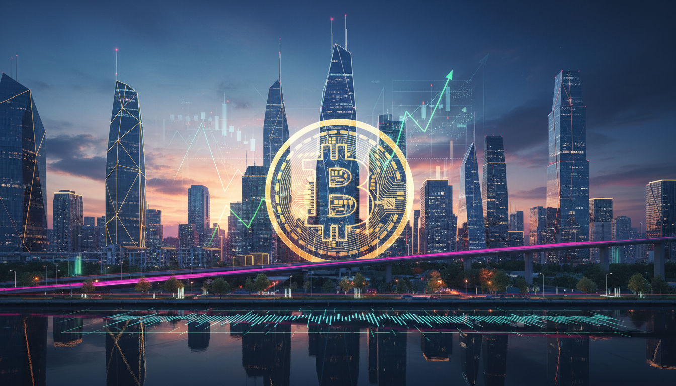 เมืองแวนคูเวอร์พร้อมโลโก้ Bitcoin แสดงถึงการลงทุนในคริปโตเคอร์เรนซี