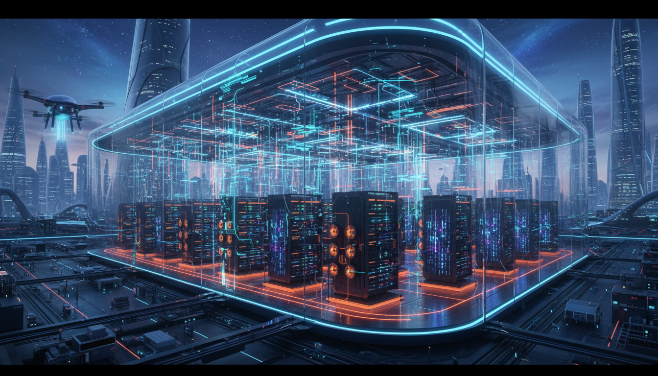 ภาพแสดงศูนย์ข้อมูลที่มีเครื่องขุด Bitcoin และเซิร์ฟเวอร์ AI