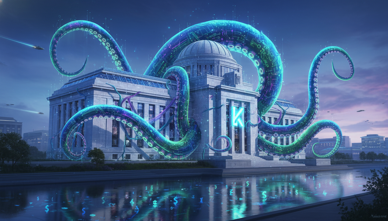 โลโก้ Kraken ผสานกับอาคาร Federal Reserve สื่อถึงคริปโตและการเงินดั้งเดิม