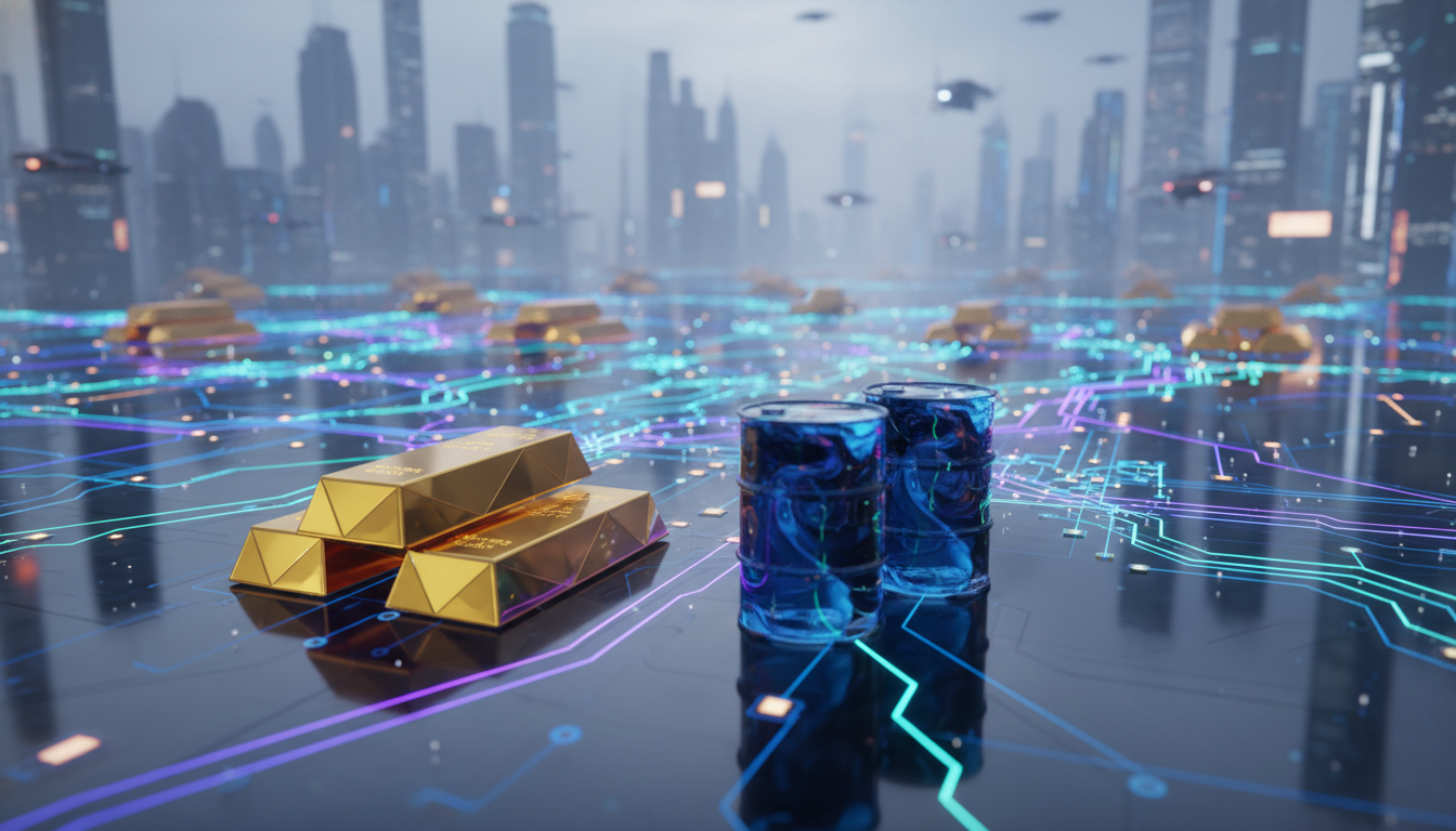 โทเค็นดิจิทัลแสดงถึงทองคำแท่งและถังน้ำมัน เชื่อมต่อกับเครือข่ายบล็อกเชน