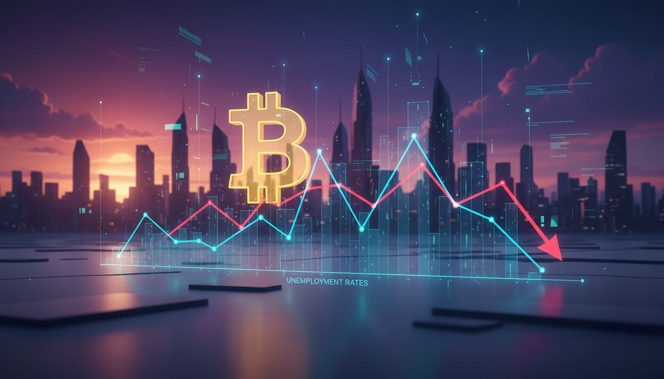 กราฟแสดงอัตราการว่างงานในสหรัฐฯ กับสัญลักษณ์ Bitcoin