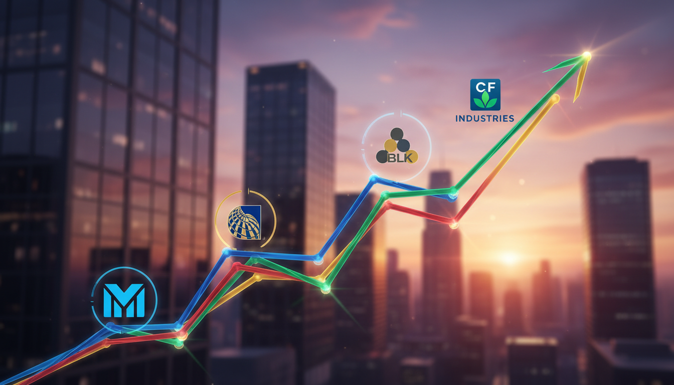 กราฟหุ้นสหรัฐฯ แสดงแนวโน้มขาขึ้นของ Marvell Technology, BlackRock, United Airlines และ CF Industries