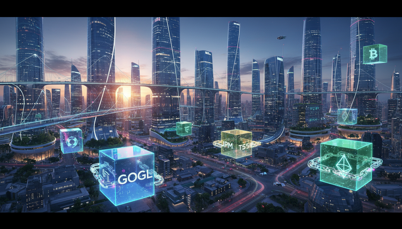 ภาพหุ้นโทเค็นลอยอยู่ในอากาศ เหนือเมืองแห่งอนาคต แสดงถึงการรวมกันของการเงินดั้งเดิมและบล็อกเชน