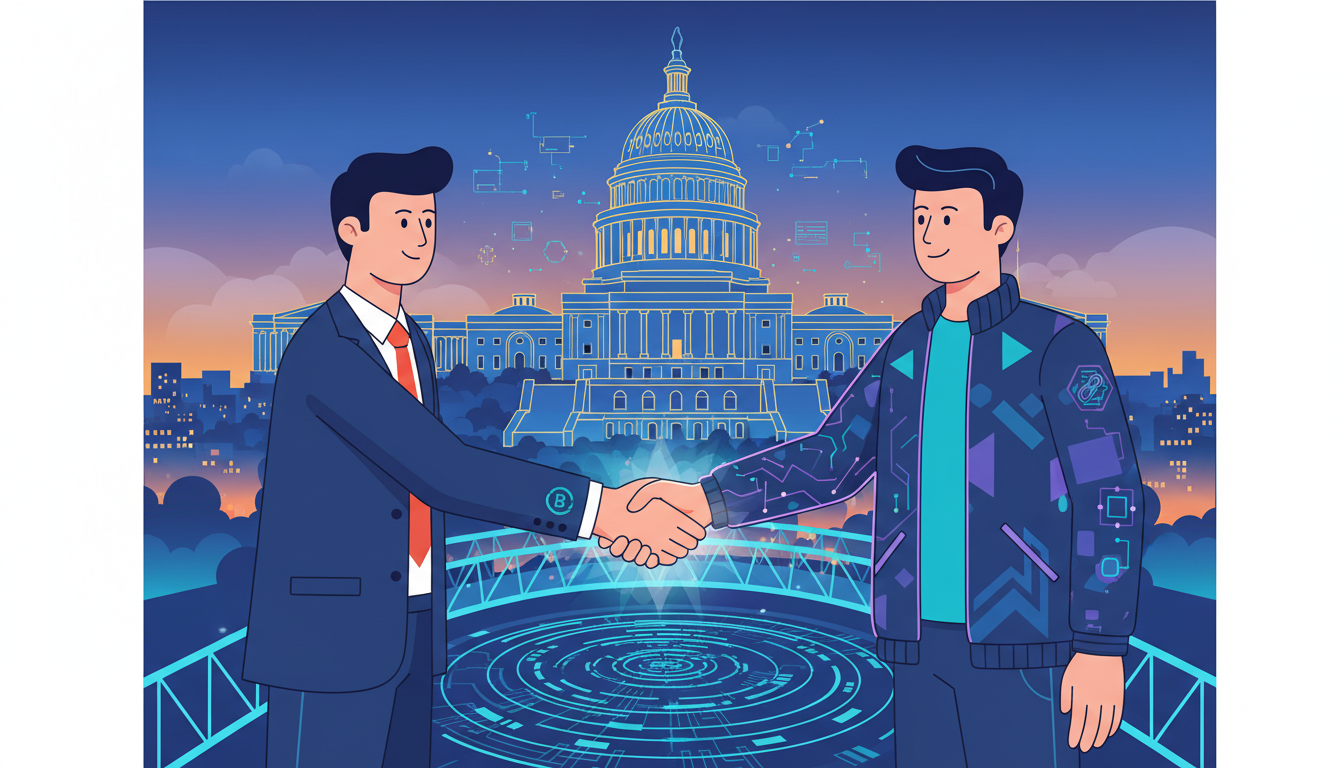 ภาพแสดงการจับมือระหว่างตัวแทนธนาคารชุมชนและตัวแทนอุตสาหกรรมคริปโต สื่อถึงการเป็นพันธมิตรกันภายใต้กฎหมาย CLARITY Act