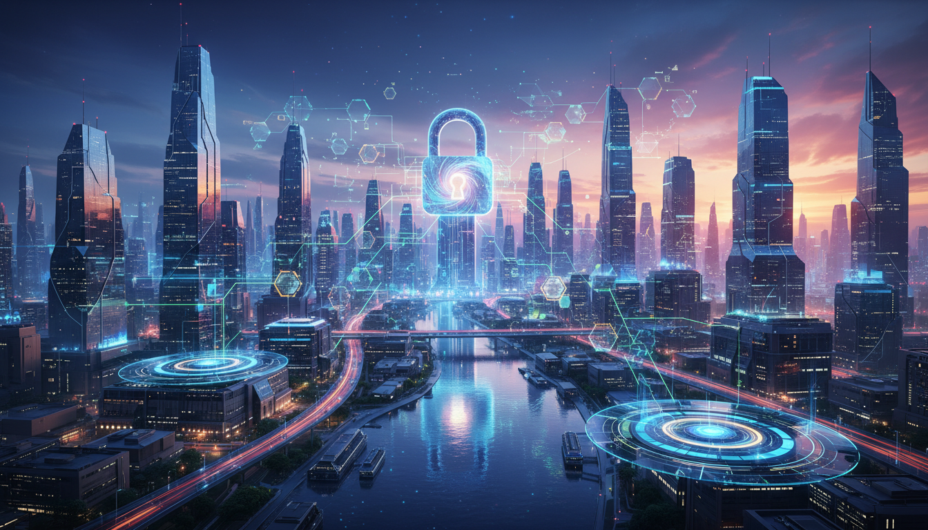 ภาพแสดงความปลอดภัยของคริปโตเคอร์เรนซีและบล็อกเชนในเมืองอนาคต