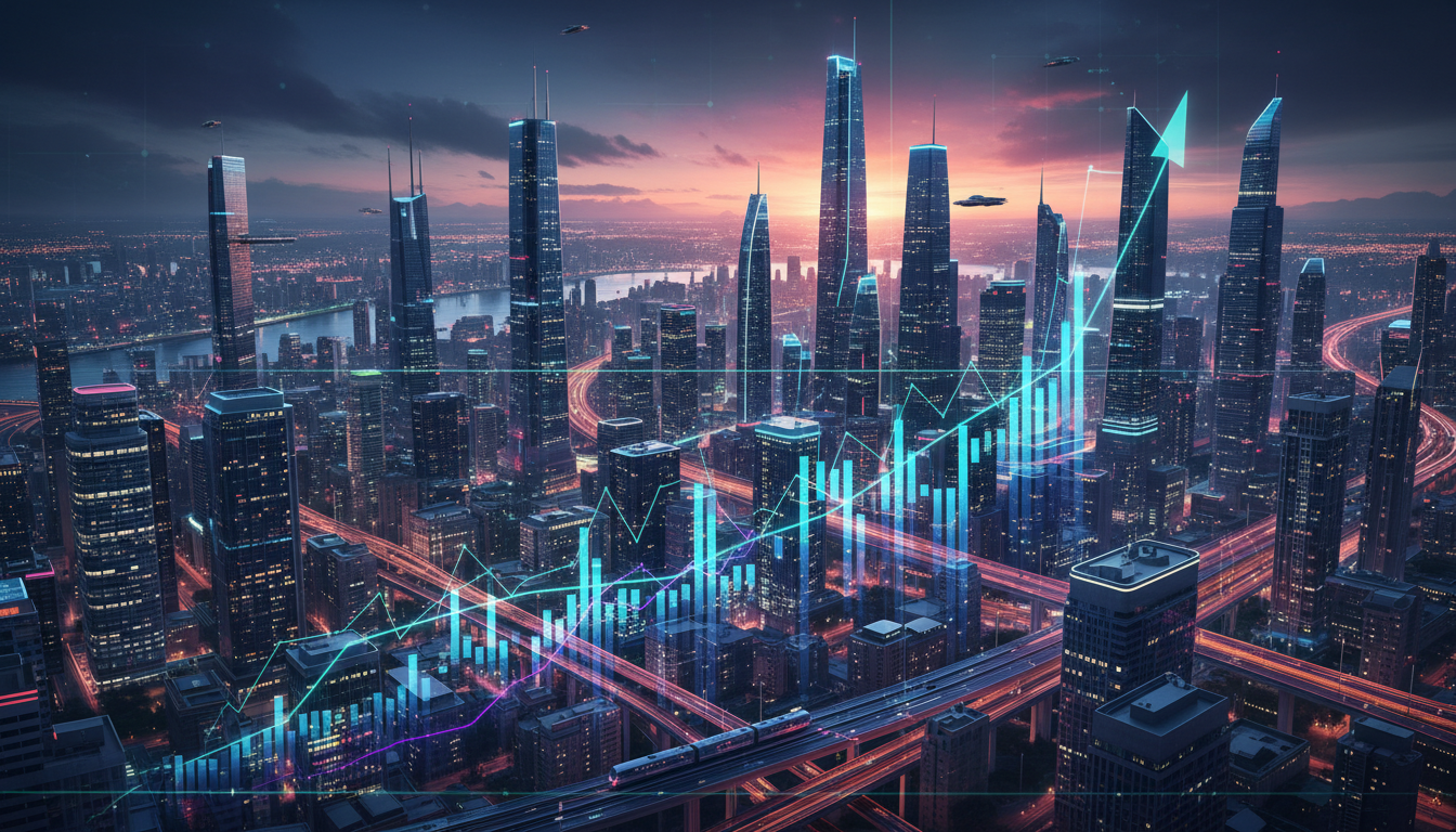 กราฟแสดงราคา Bitcoin พร้อมฉากหลังเป็นเมืองแห่งอนาคต