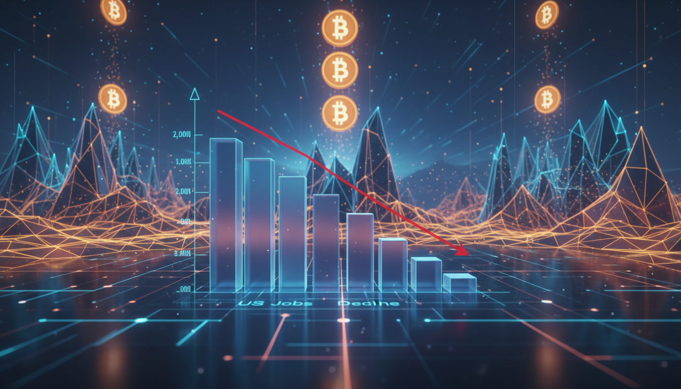 กราฟแสดงตัวเลขจ้างงานสหรัฐฯ ลดลง มี Bitcoin เป็นพื้นหลัง
