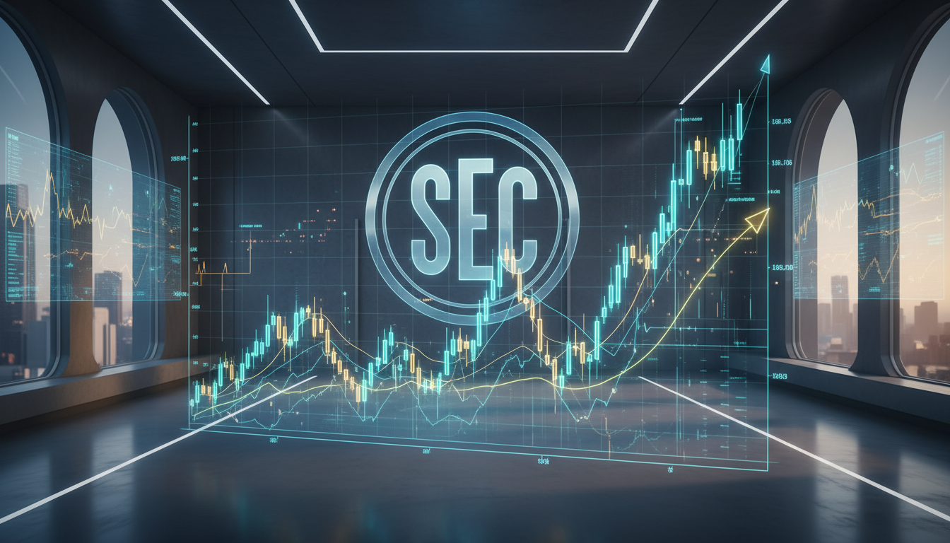 กราฟคริปโตเคอร์เรนซีมีโลโก้ SEC อยู่เบื้องหลัง