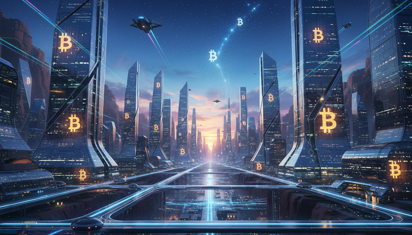 ภาพคอนเซ็ปต์เมืองอนาคตที่มีโลโก้ Bitcoin แสดงถึงการเติบโตของ Bitcoin