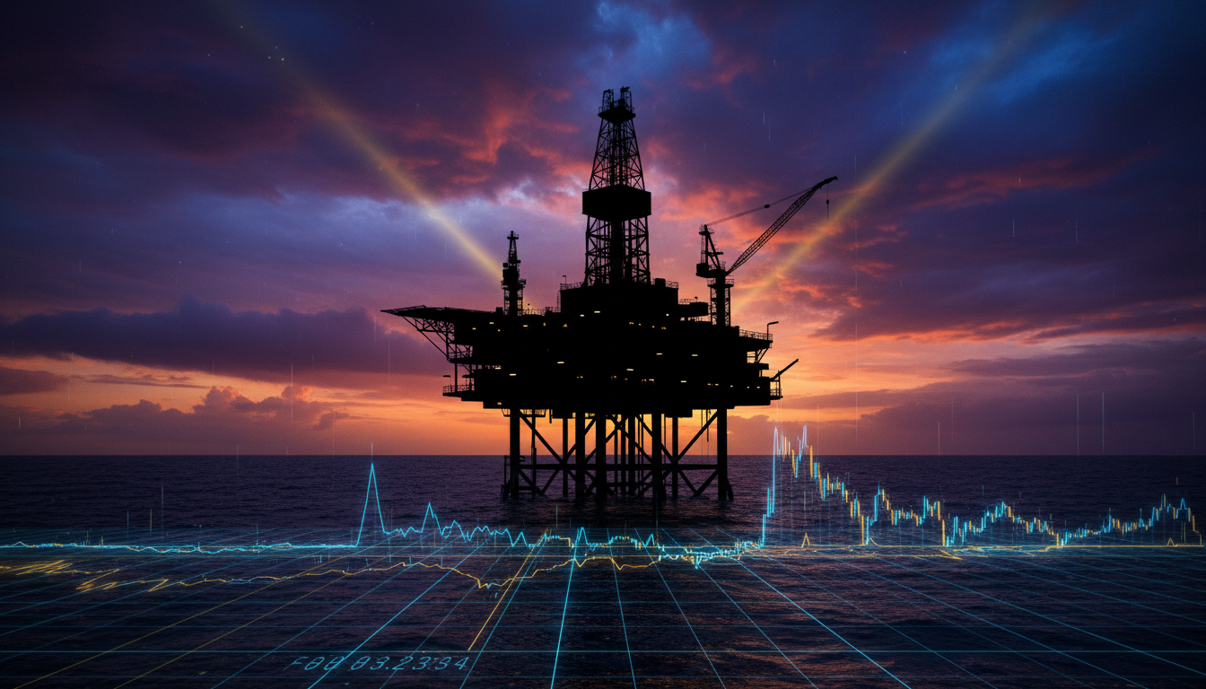 กราฟราคา Bitcoin และภาพเงาแท่นขุดเจาะน้ำมัน แสดงถึงผลกระทบของราคาน้ำมันต่อ Bitcoin