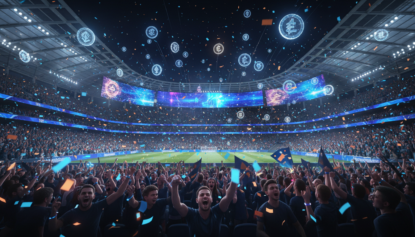 แฟนกีฬากำลังเชียร์ในสนามกีฬา พร้อมโทเคนดิจิทัลลอยอยู่ สื่อถึง Sports Tokenization