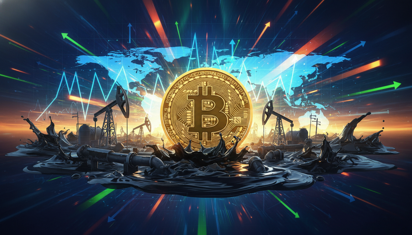 เหรียญ Bitcoin ท่ามกลางแหล่งน้ำมันที่วุ่นวาย แสดงถึงความผันผวนของตลาด