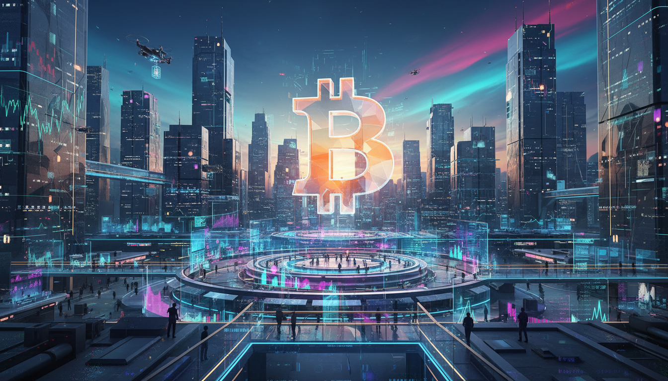 โลโก้ Bitcoin ท่ามกลางตลาดการเงินแห่งอนาคต