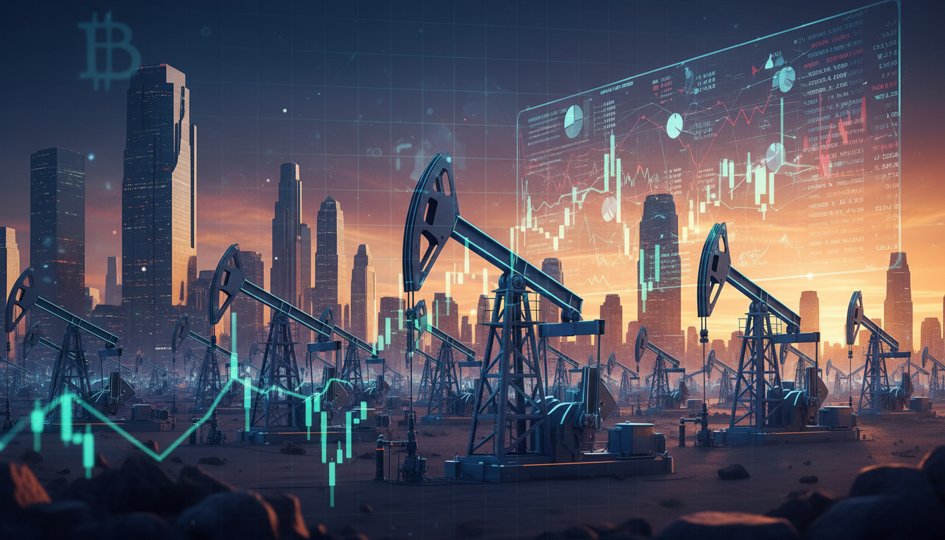 กราฟราคาบิทคอยน์บนพื้นหลังของแท่นขุดเจาะน้ำมันและข้อมูลตลาดการเงิน