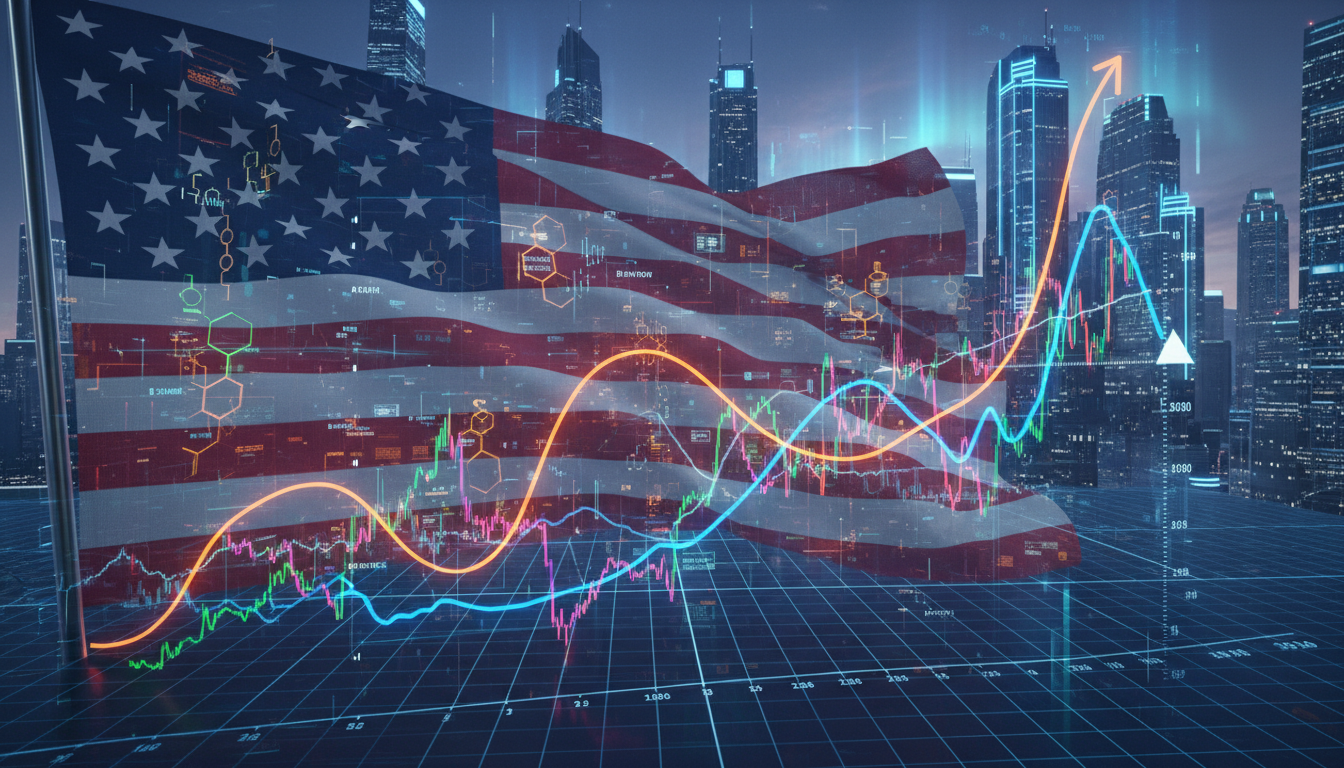 กราฟราคาคริปโตผันผวน เน้น Bitcoin, Polkadot และ DeFi โดยมีพื้นหลังเป็นธงชาติอเมริกาและเทคโนโลยีบล็อกเชน