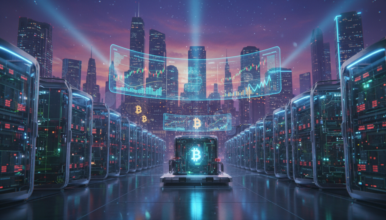 ภาพการขุดบิทคอยน์ที่มีวงจรเรืองแสงและกราฟการเงิน