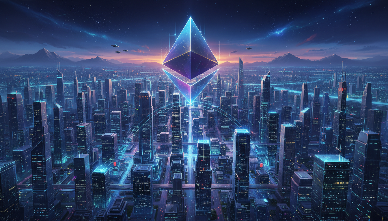 โลโก้อีเธอร์เหนือเมือง แสดงถึงการเติบโตและผลกระทบต่อการเงินโลก