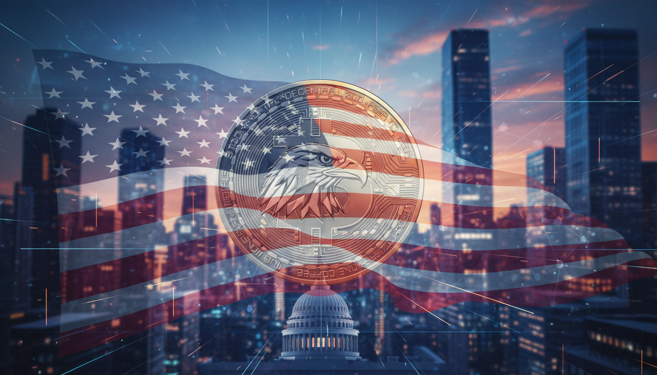 เหรียญคริปโตที่มีธงชาติอเมริกัน สื่อถึงความสัมพันธ์ระหว่างคริปโตและการเมืองสหรัฐฯ