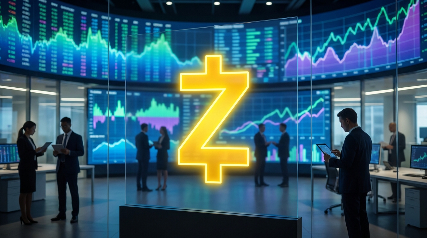 โลโก้ Zcash บนพื้นหลังกราฟการเงินดิจิทัลและนักลงทุน