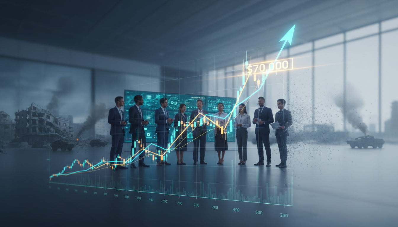 กราฟราคา Bitcoin พุ่งทะลุ 70,000 ดอลลาร์ พร้อมภาพนักลงทุนสถาบันและฉากสงครามที่จางหายไป