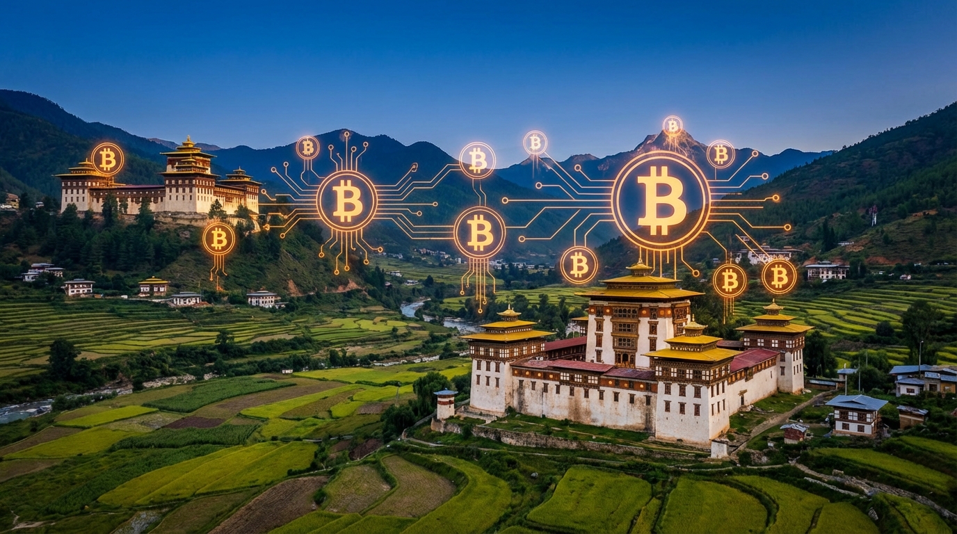 ภูฏานเคลื่อนย้าย Bitcoin: ภาพภูฏานผสมสัญลักษณ์ Bitcoin