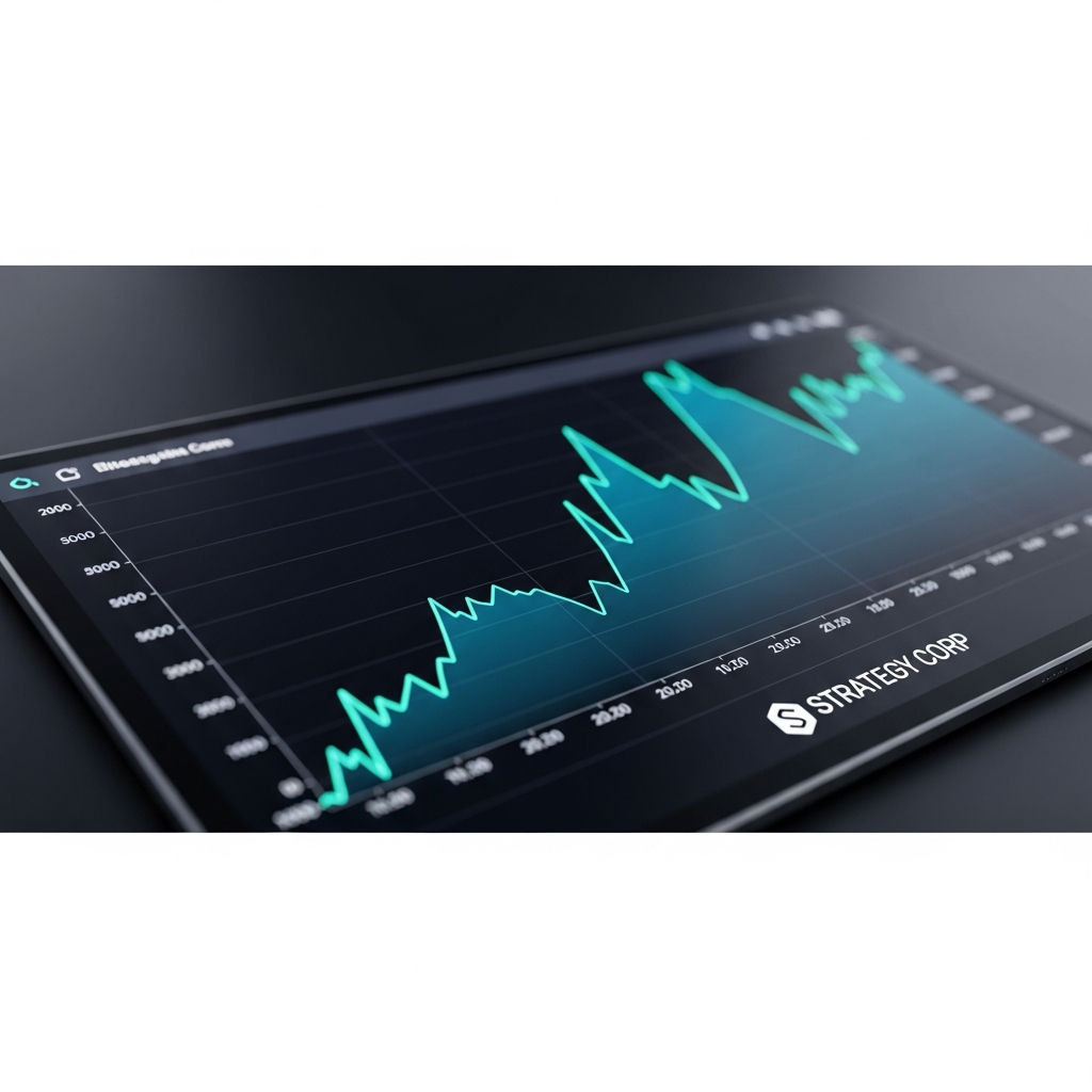 กราฟราคา Bitcoin พุ่งสูงขึ้น พร้อมโลโก้ Strategy Corp