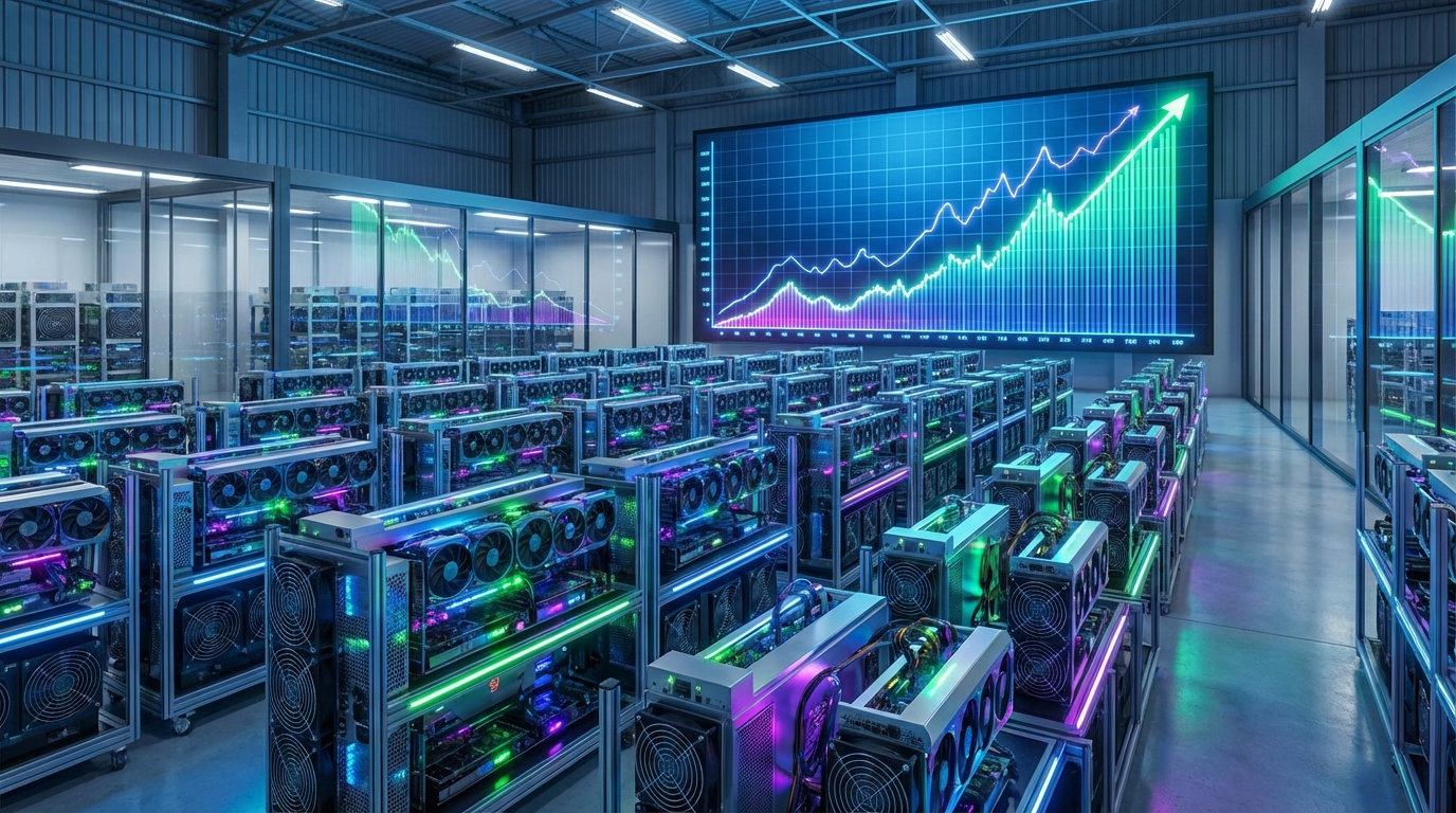 ฟาร์มขุด Bitcoin พร้อมกราฟราคา Bitcoin ที่กำลังสูงขึ้น