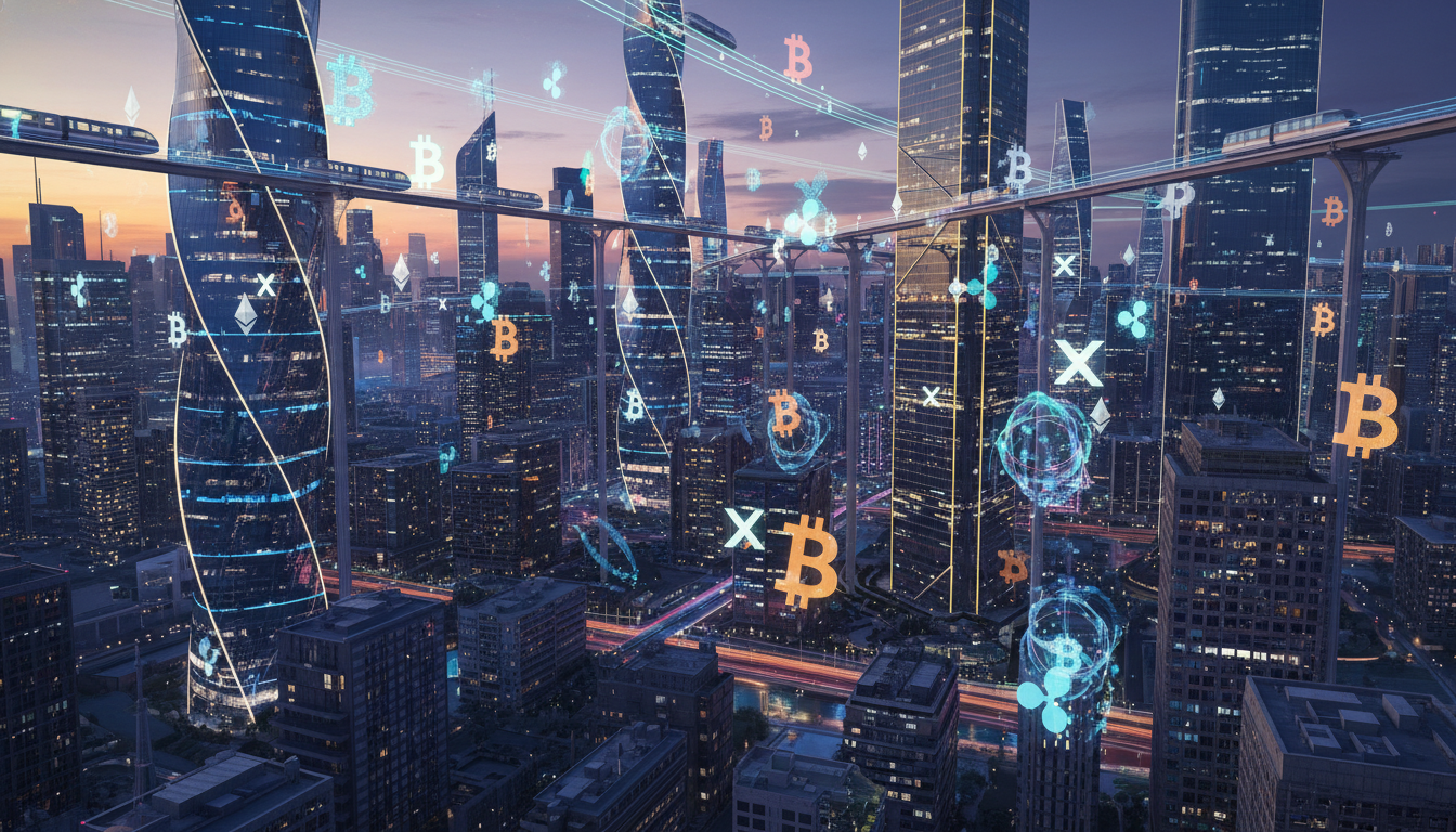 ภาพเมืองอนาคตที่มีสัญลักษณ์สกุลเงินดิจิทัลลอยอยู่ แสดงถึงจุดตัดของเทคโนโลยีและการเงิน กฎหมายคริปโต
