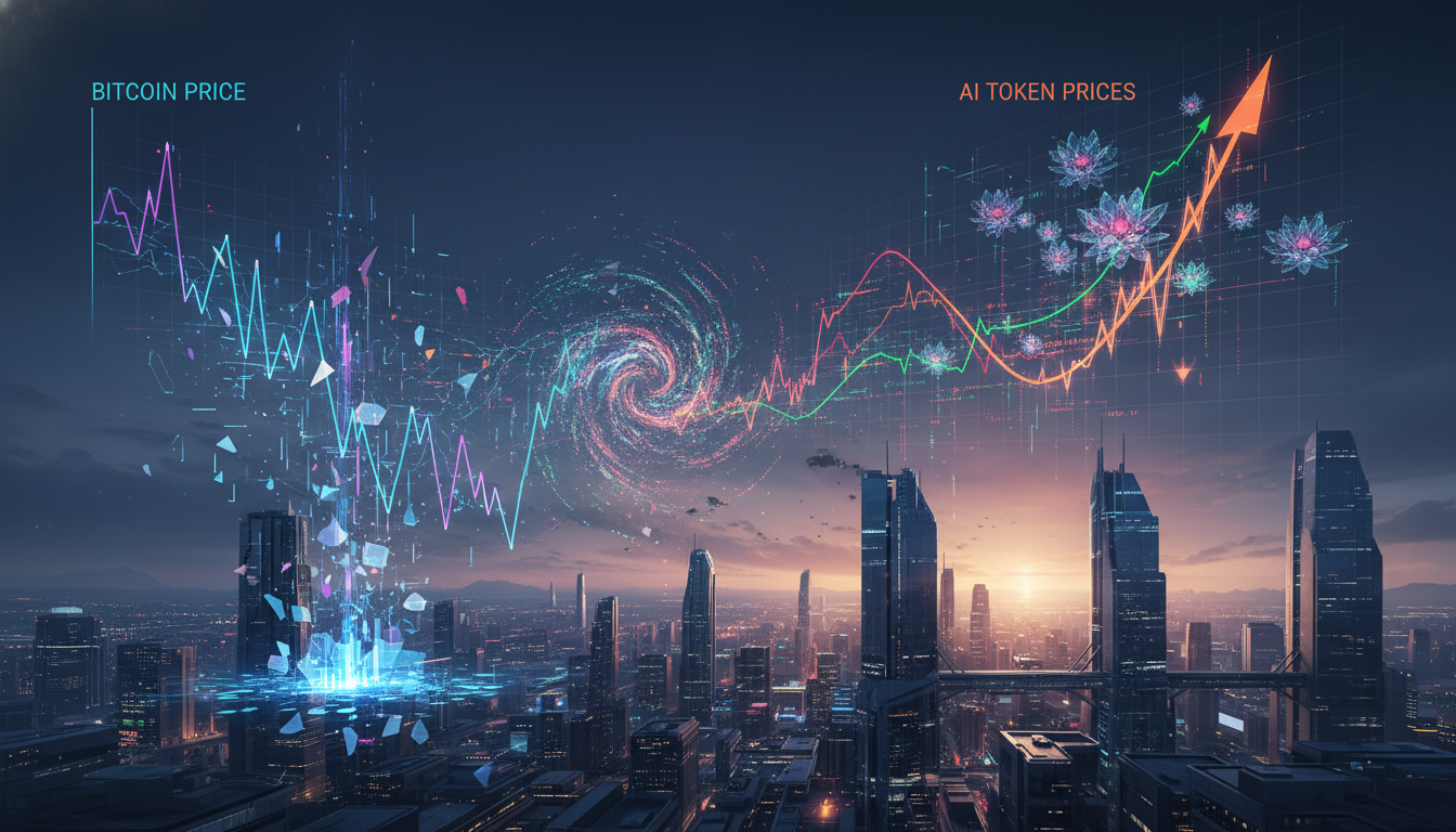กราฟแสดงราคา Bitcoin ร่วง ราคา AI tokens พุ่ง