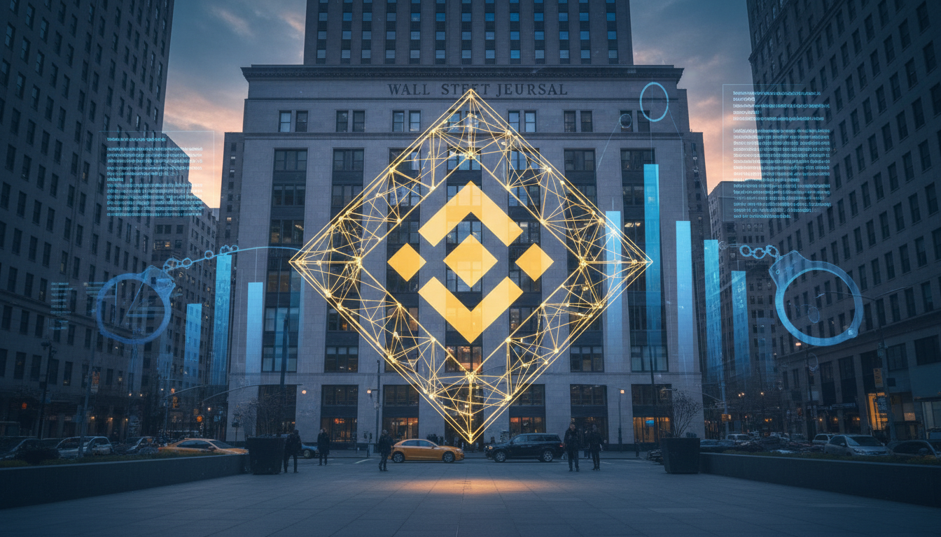 โลโก้ Binance หน้าอาคาร Wall Street Journal แสดงถึงการฟ้องร้อง