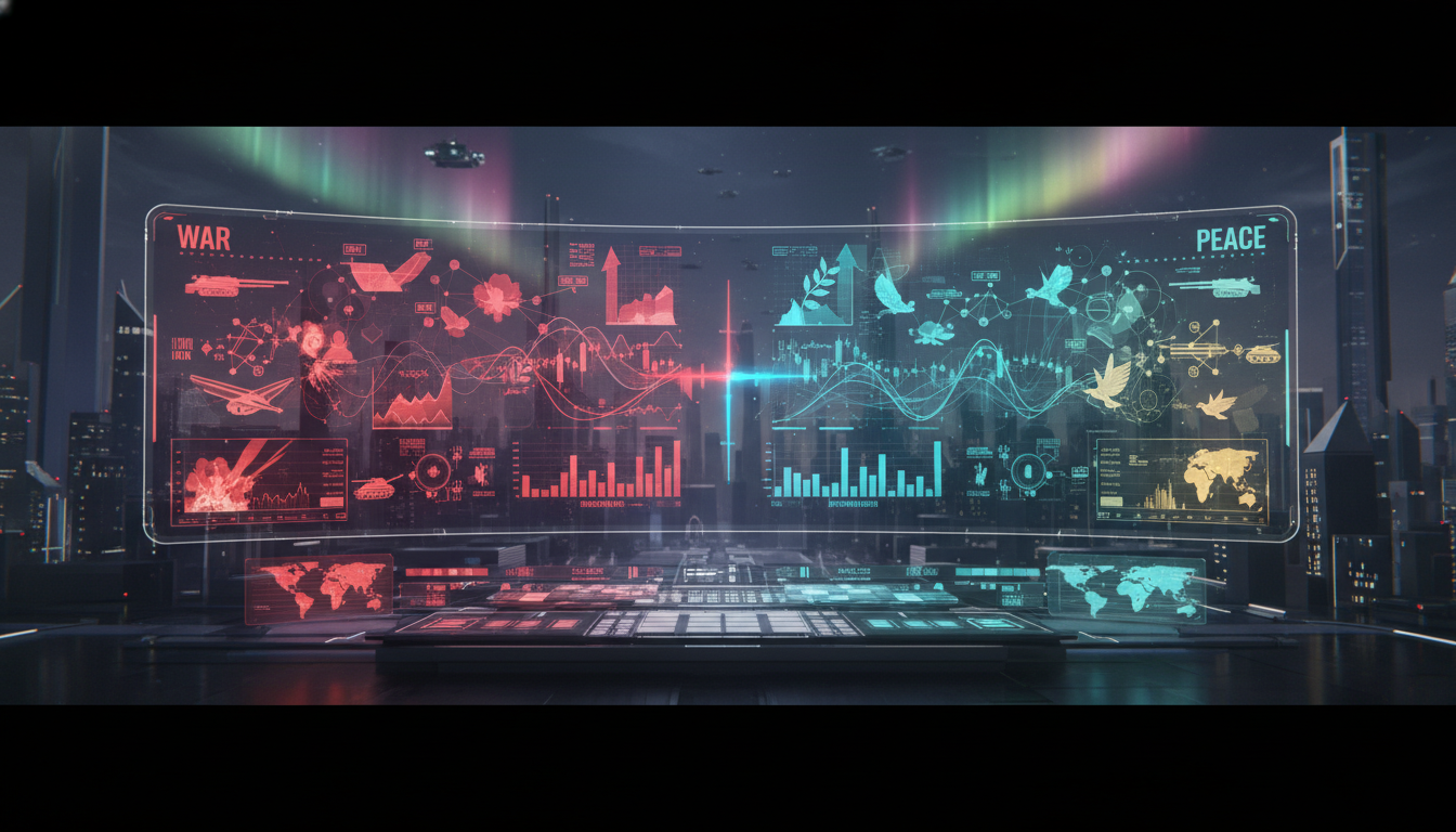 ภาพแสดงอินเทอร์เฟซตลาดทำนายผลดิจิทัล แสดงความขัดแย้งระหว่างการเก็งกำไรและเหตุการณ์จริง