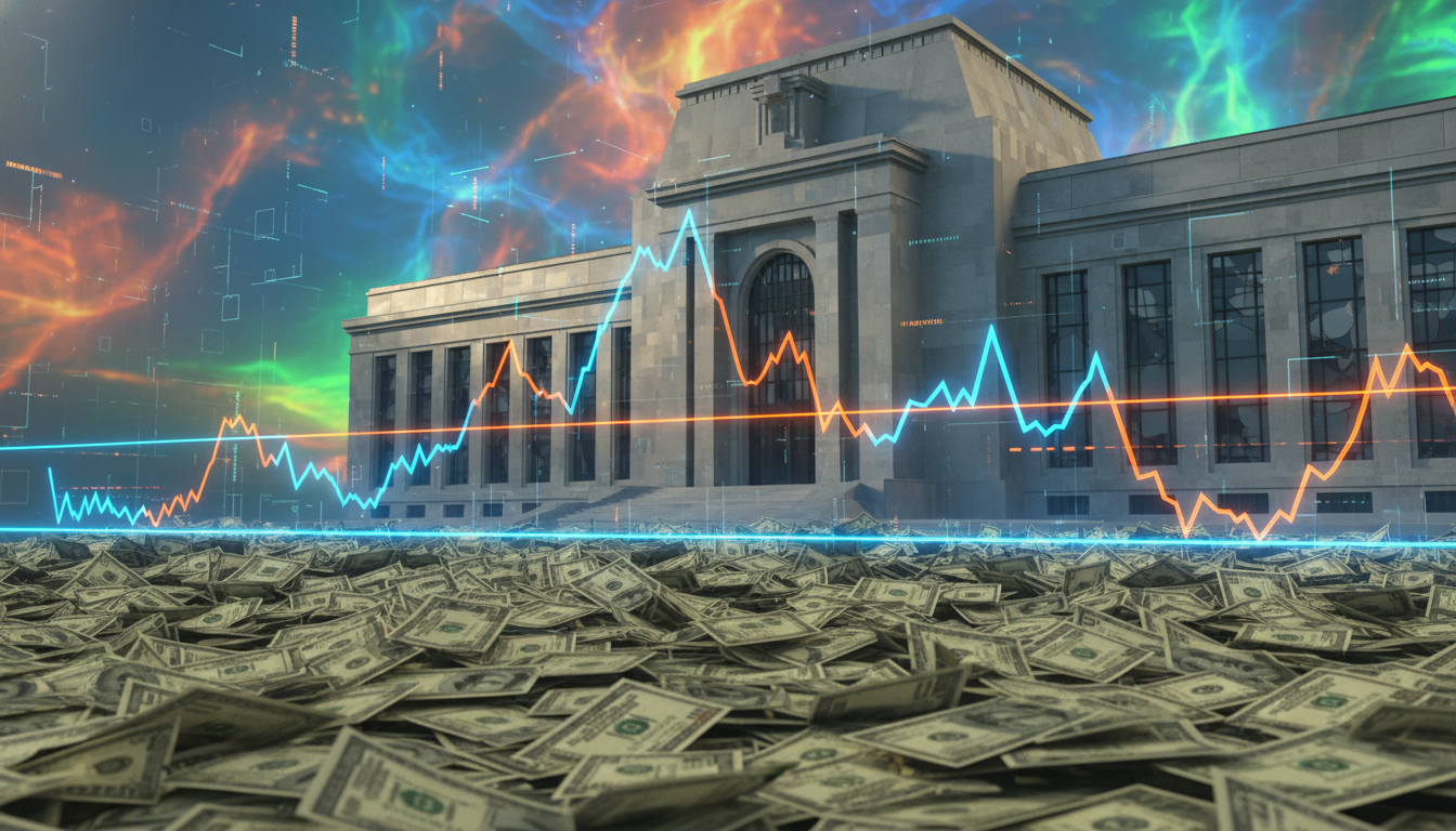 กราฟราคา Bitcoin ผันผวนกับพื้นหลังเป็นดอลลาร์สหรัฐและอาคารธนาคารกลางสหรัฐ