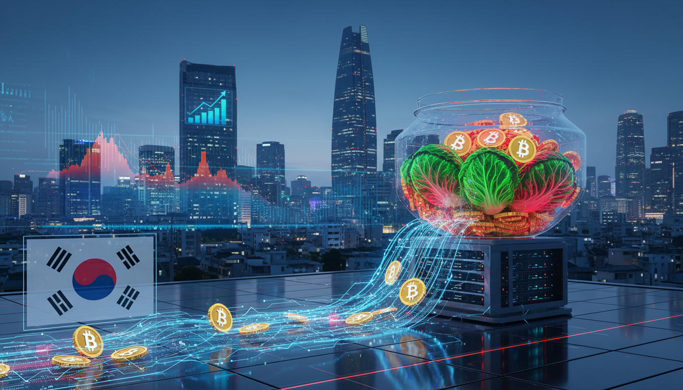 ภาพแสดง Kimchi Premium กับ Bitcoin และธงชาติเกาหลีใต้