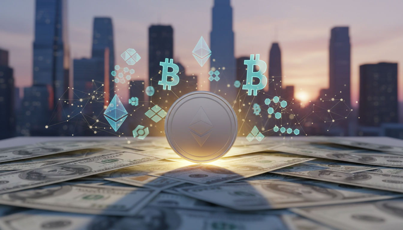 เหรียญ Stablecoin ล้อมรอบด้วยเงินดอลลาร์และสัญลักษณ์คริปโต แสดงถึงศักยภาพที่ยังไม่ได้ใช้