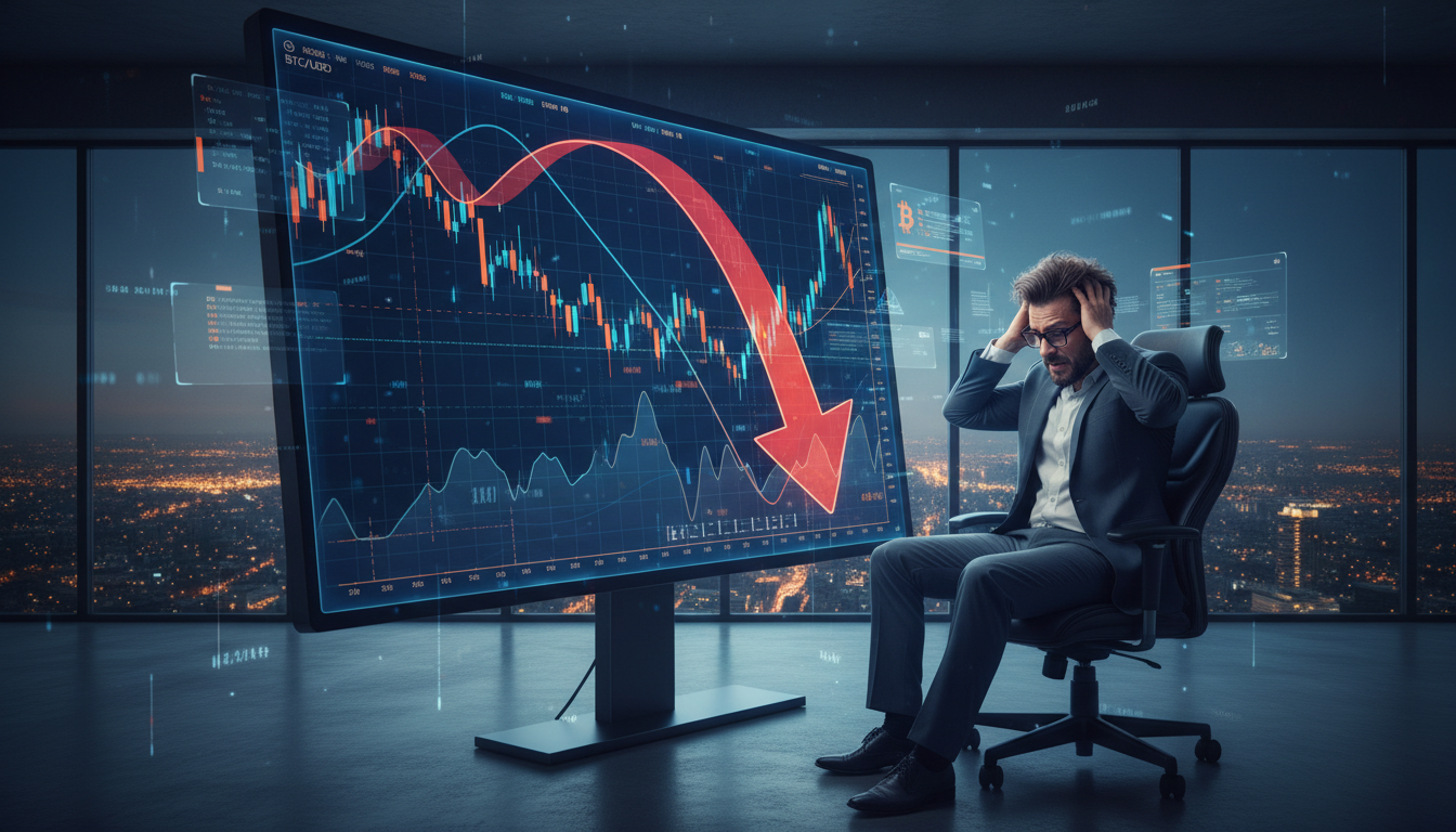 กราฟราคา Bitcoin พร้อมลูกศรชี้ลง แสดงถึงแนวโน้มการเทขาย Bitcoin