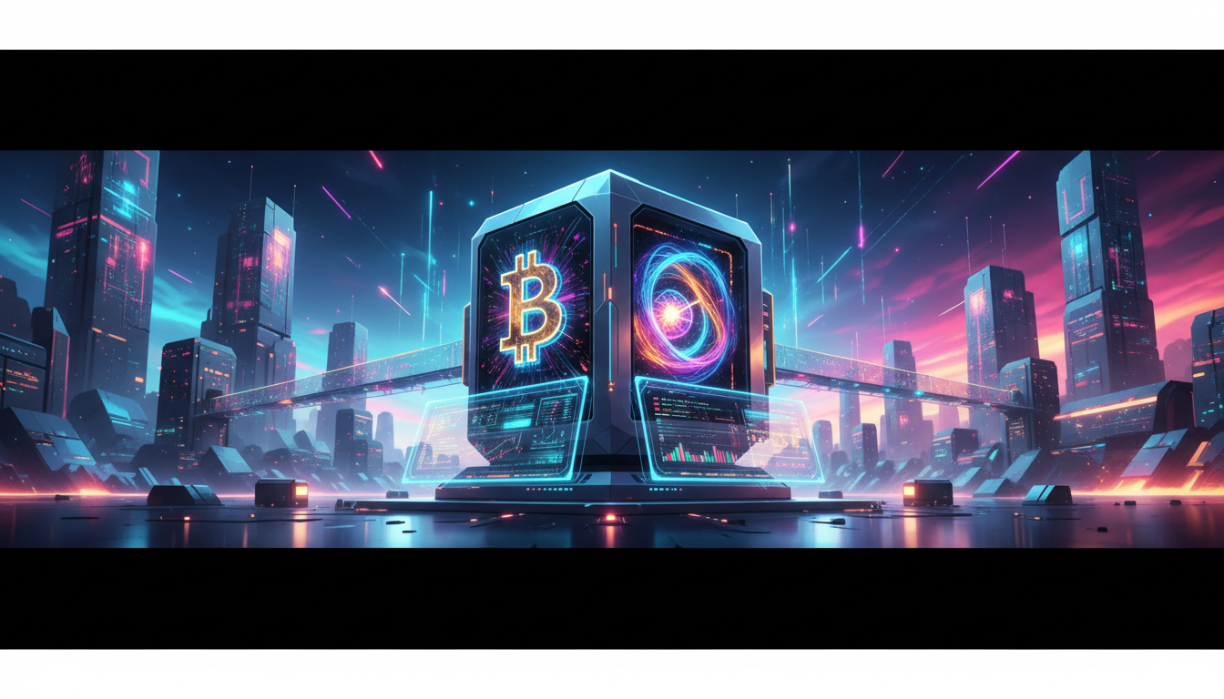 ภาพคอมพิวเตอร์ควอนตัมกับโลโก้ Bitcoin แสดงถึงภัยคุกคามควอนตัมต่อ Bitcoin