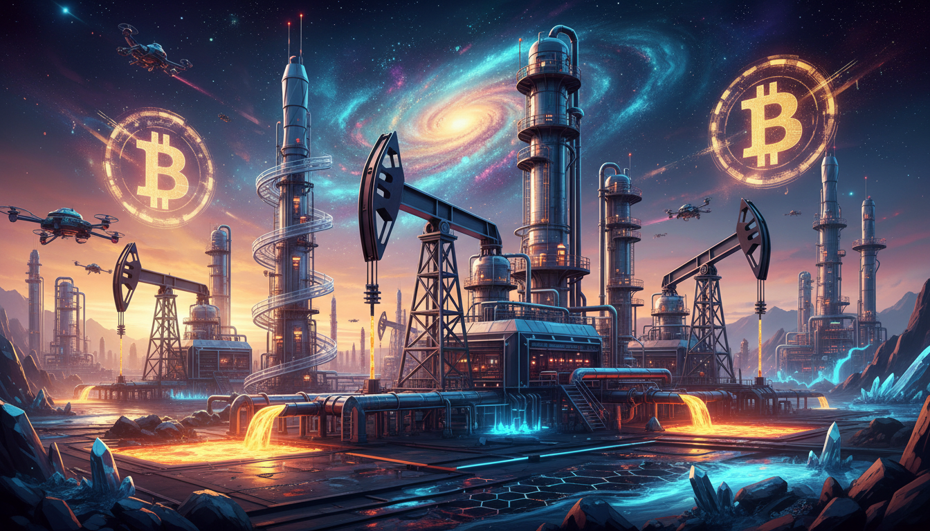 ภาพโรงกลั่นน้ำมันแห่งอนาคตที่มีสัญลักษณ์ Bitcoin ในพื้นหลัง
