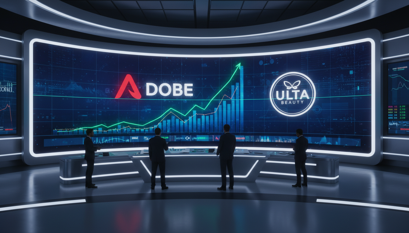 กราฟหุ้นแสดงแนวโน้มขาขึ้นของ Adobe และ Ulta Beauty