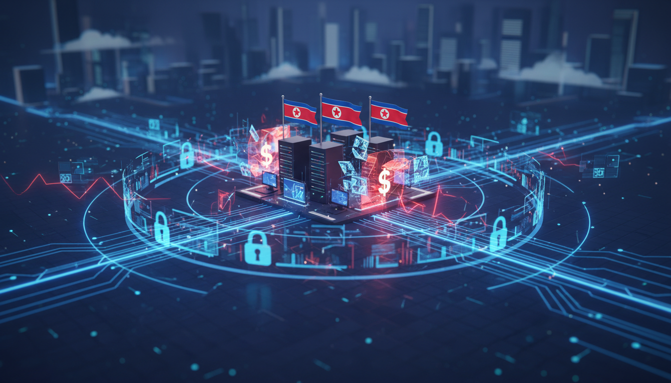 เครือข่ายคอมพิวเตอร์พร้อมธงชาติเกาหลีเหนือ สื่อถึงการหลอกลงทุนคริปโตและการคว่ำบาตร