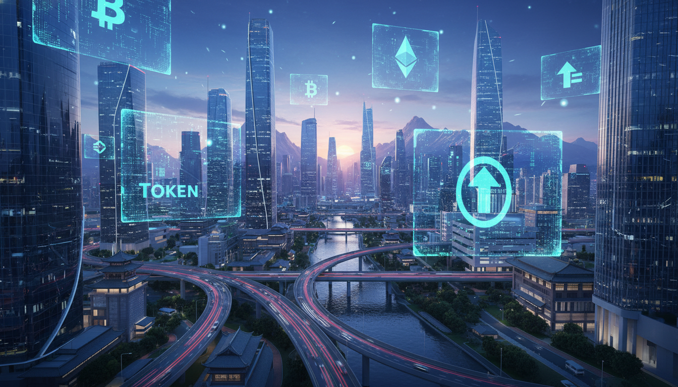 ภาพงาน Token2049 แสดงสัญลักษณ์คริปโตบนตึกสูง