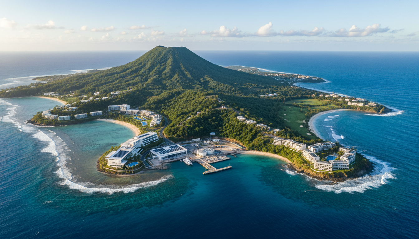 ภาพมุมสูงของเกาะ Nevis แสดงความสวยงามของธรรมชาติและการพัฒนาสมัยใหม่ โครงการของเศรษฐีคริปโต