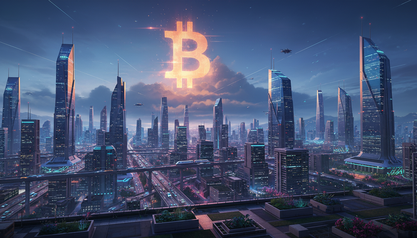 ภาพกราฟิกแสดง Bitcoin ทะยานขึ้นเหนือเมือง