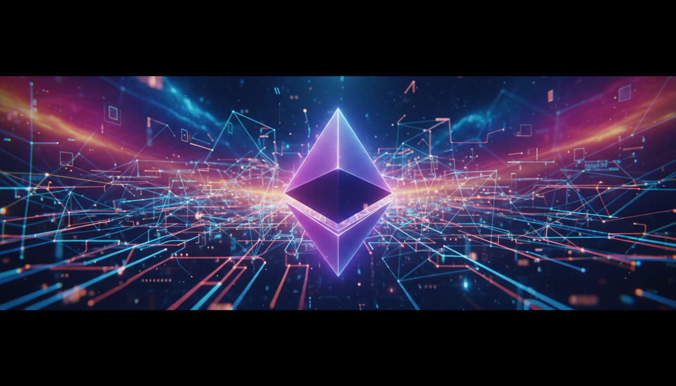 โลโก้ Ethereum พร้อมพื้นหลังเครือข่ายแบบกระจายอำนาจ