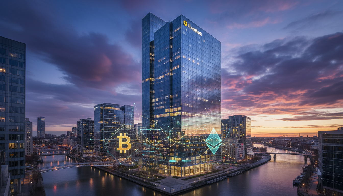 ภาพสำนักงานใหญ่ BlackRock พร้อมสัญลักษณ์ Bitcoin และ Ether แสดงถึง ETF คริปโต