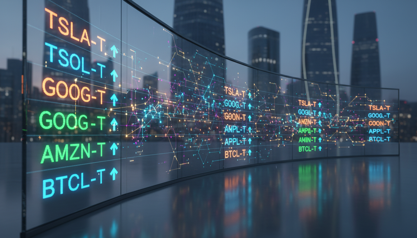 ภาพแสดง ticker หุ้นดิจิทัล (Tokenized Stocks) บนพื้นหลังบล็อกเชน